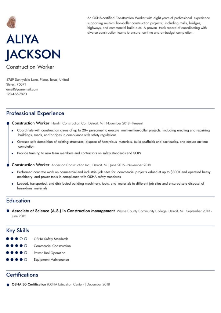 Free Resume Template for Construction Laborers Applying for U.S. Jobs
